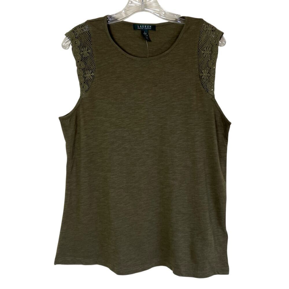 Lauren Ralph Lauren Sz L Crocheted Shoulder Casual Top Olive Green Slub Cotton